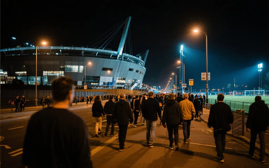 夜晚的球迷人潮从球场散场，路灯下的步行动线与城市氛围