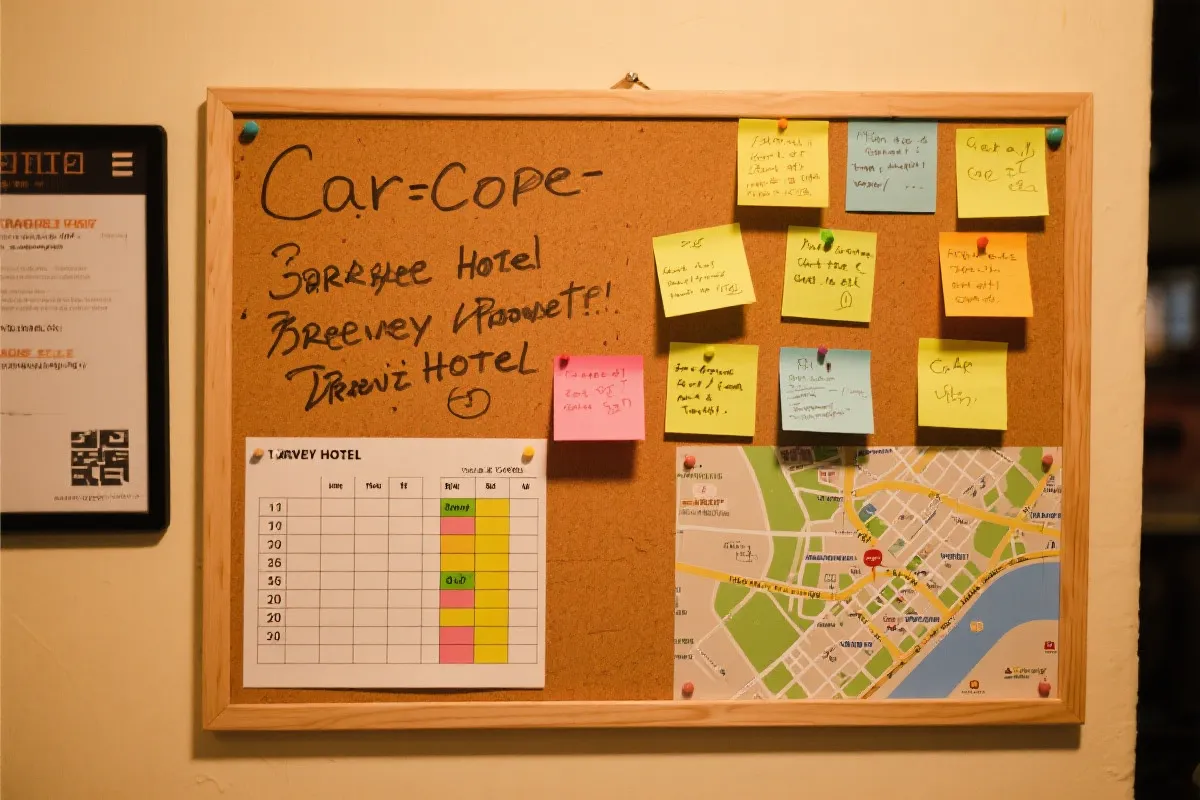 青旅前台旁的旅行公告板，贴着手写拼车信息、赛程便签和小地图，温暖纪录感