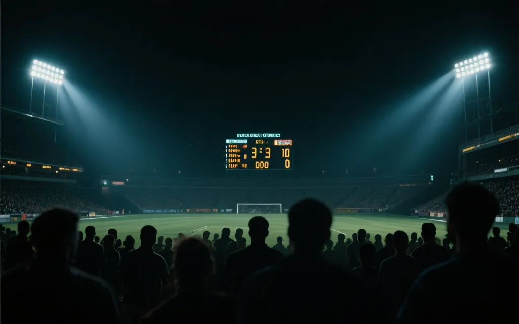 预选赛之夜的体育场与记分牌，象征最后时刻的晋级悬念